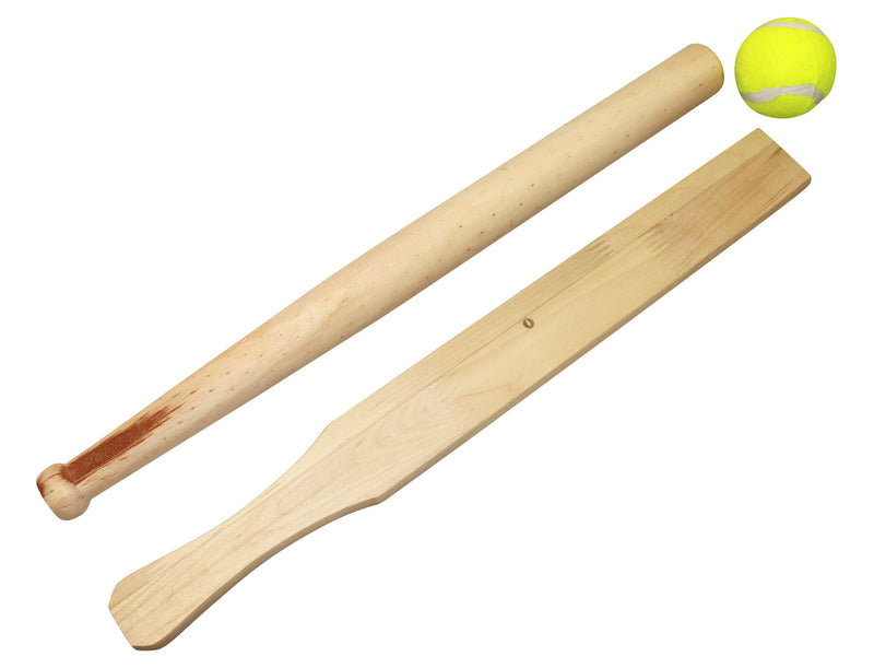 Rundboldsæt med en rundt og en fladt bat og en gul boldt fra Play>it 