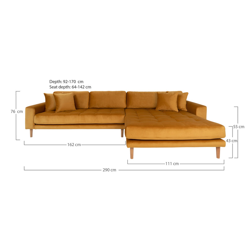 Lido Lounge Sofa højrevendt i sennepsgul velour med fire puder HN1004
