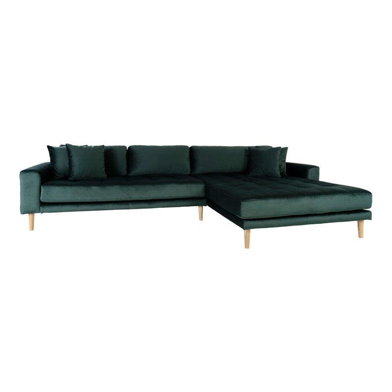 Lido Lounge Sofa højrevendt i mørkegrøn velour med fire puder HN1006