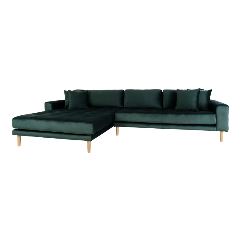 Lido Lounge Sofa venstrevendt i mørkegrøn velour med fire puder HN1006