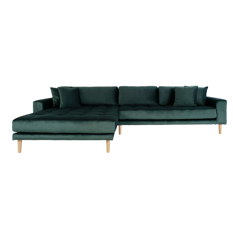 Lido Lounge Sofa venstrevendt i mørkegrøn velour med fire puder HN1006