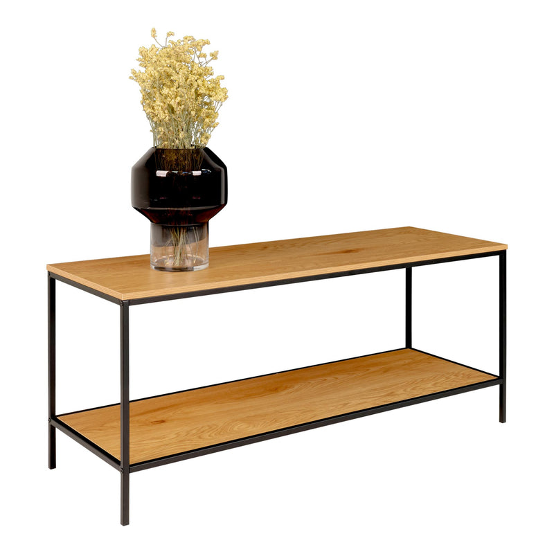 Vita TV-Bænk TV-bord med sort ramme og to egetræslook hylder 100x36x45 cm