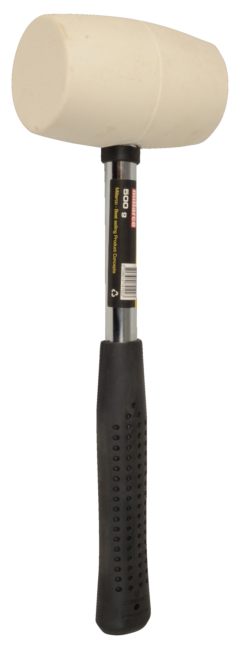 En Millarco gummihammer med et hvidt gummi hoved og et skaft i stål 