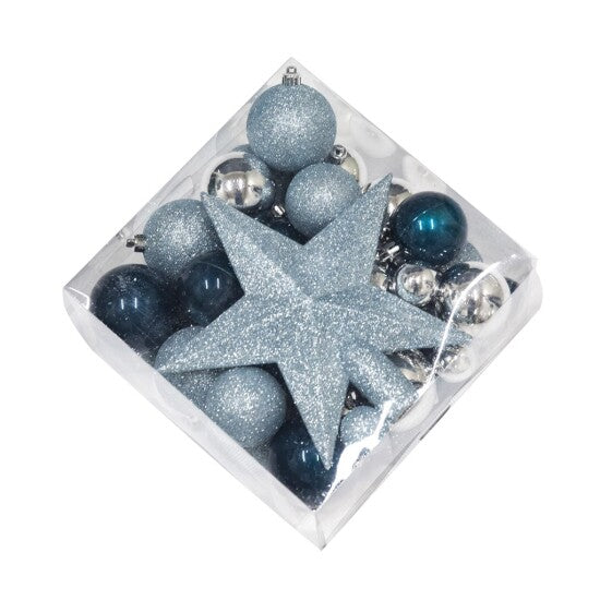 Julekugle sæt med stjerne blå/sølv 50 dele