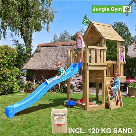 Jungle Gym Cubby legetårn komplet, inkl. 120 kg sand og blå rutschebane