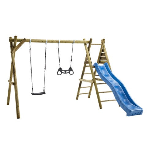 Nordic Play - Gyngestativ 240 cm med platform m/1 sort gynge og 1 sort trapez inkl. blå rutsjebane