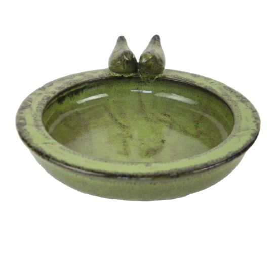 Elegant keramik fuglebad i grøn med to fugle fra Garden Life