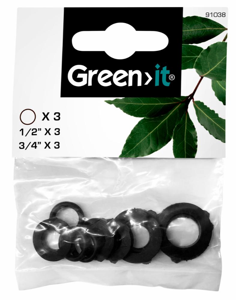 Pakningssæt med 9 sorte pakninger fra Green>it i deres emballage 