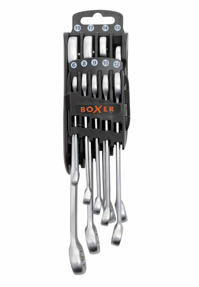 Ringgaffelnøglesæt med 9 nøgler i metal og en holder fra BoXer 