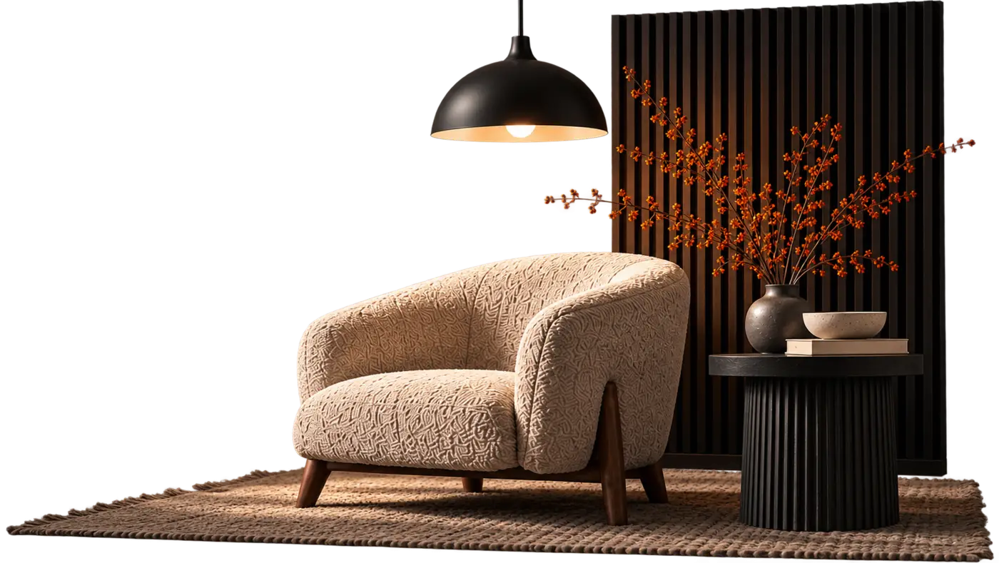 Lænestol, pendellampe og sidebord med en vase med efterårsgrene